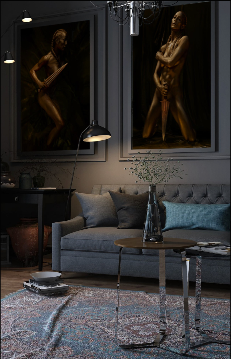 Luxury interior design featuring two large fine art wall prints of golden-painted female warrior figures. Powerful goddess symbolism blends sensuality and strength, creating a dramatic statement in refined spaces.