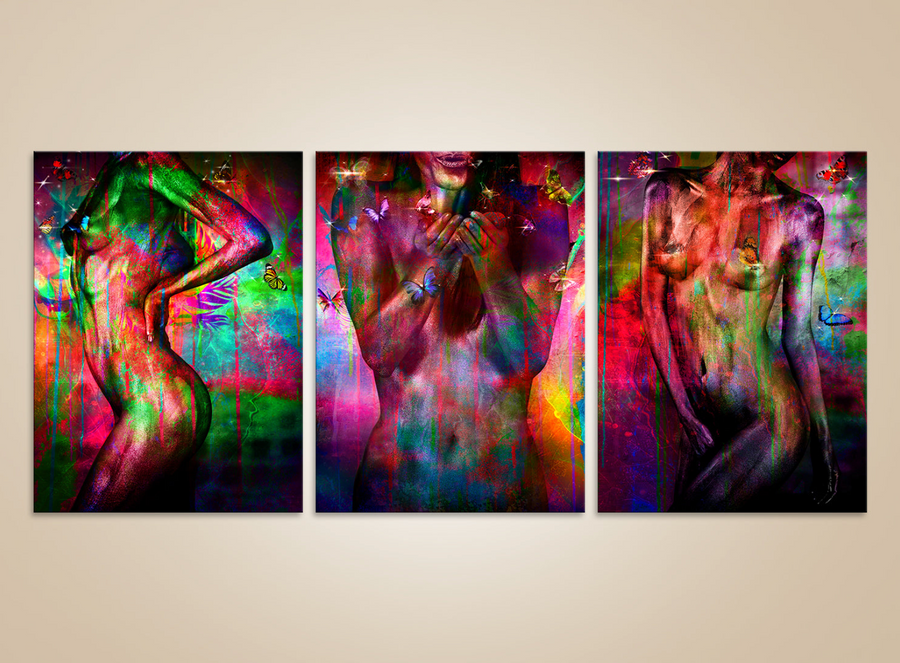Butterfly-themed luxury nude female triptych in vibrant color on fine art paper – for high-end hotel, spa, collector interiors