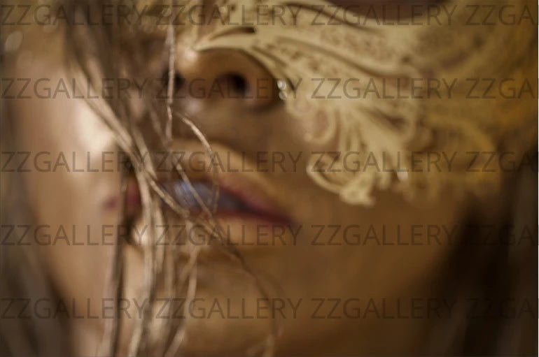 Masquerade Blur golden fine art portrait close-up of lips and mask by Zack Zublena – artistic blurred photography for collectors, spas, and interiors.