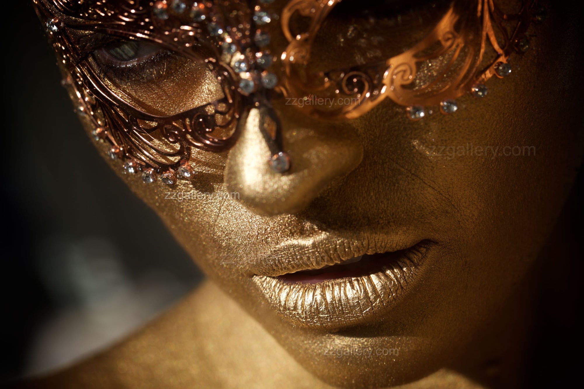 Masquerade gold nude fine art female portrait with mask by Zack Zublena – luxury golden photography for collectors, spas, and interiors.
