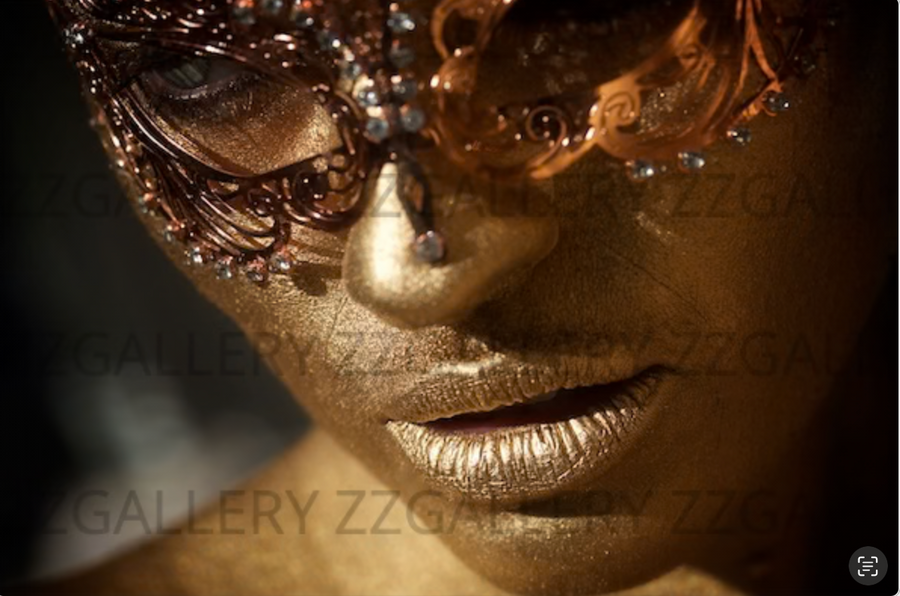 Masquerade gold nude fine art female portrait with mask by Zack Zublena – luxury golden photography for collectors, spas, and interiors.
