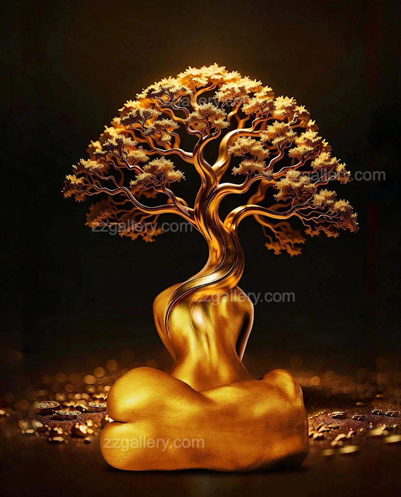 Golden sculpture-inspired wall art by Zack Zublena showing a radiant tree form emerging from a stylized human figure, blending luminous tones with bold design.