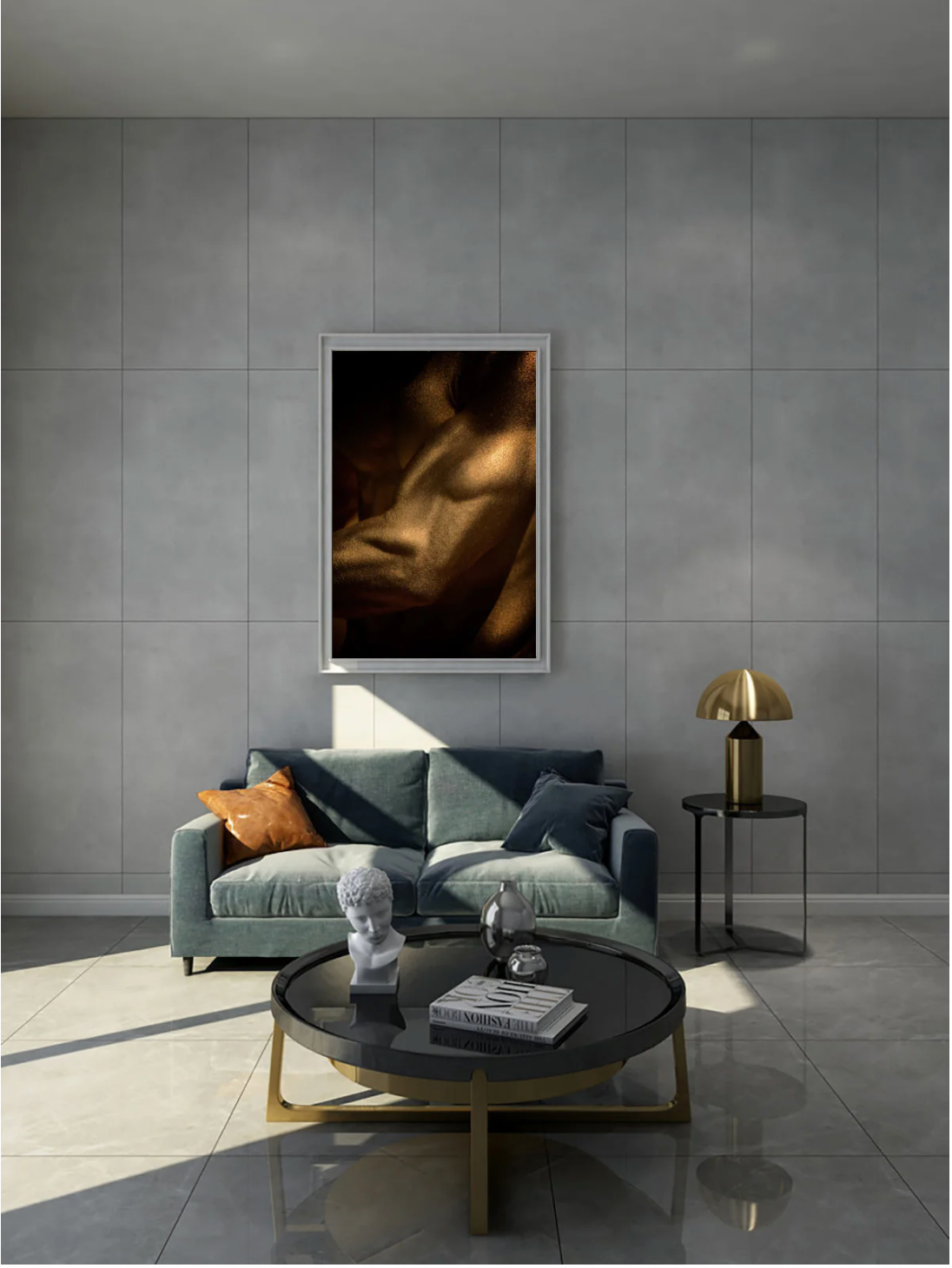 Golden male torso wall art showcased in a bright modern living room with grey sofa, marble floor, round coffee table, and gold lamp.