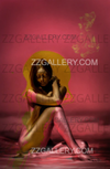 The chosen. Mother Mary Annunciation pink fine art photography by Zack Zublena – Virgin Mary in gold body paint with Archangel Gabriel, modern sacred feminine art.