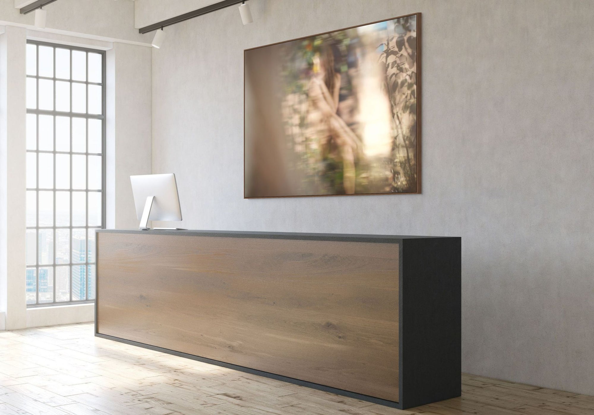 Elegant fine art print from the Muse’s Whisper collection, featuring a golden-painted feminine figure in soft focus, blended with reflections and glass, displayed above a modern reception desk.