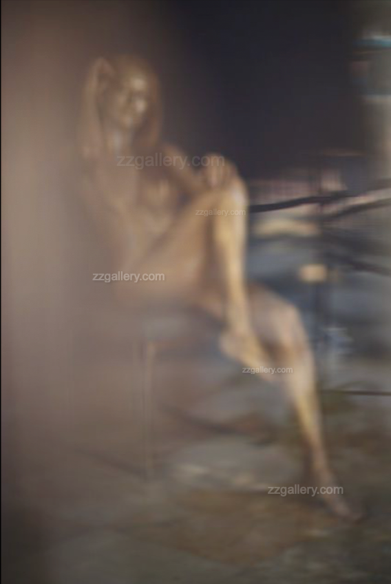 Dreamlike fine art print from the Muse’s Whisper series, showing a golden-painted nude woman in soft focus, blending body and shadow in a reflective composition, styled above a wooden console with modern greenery.