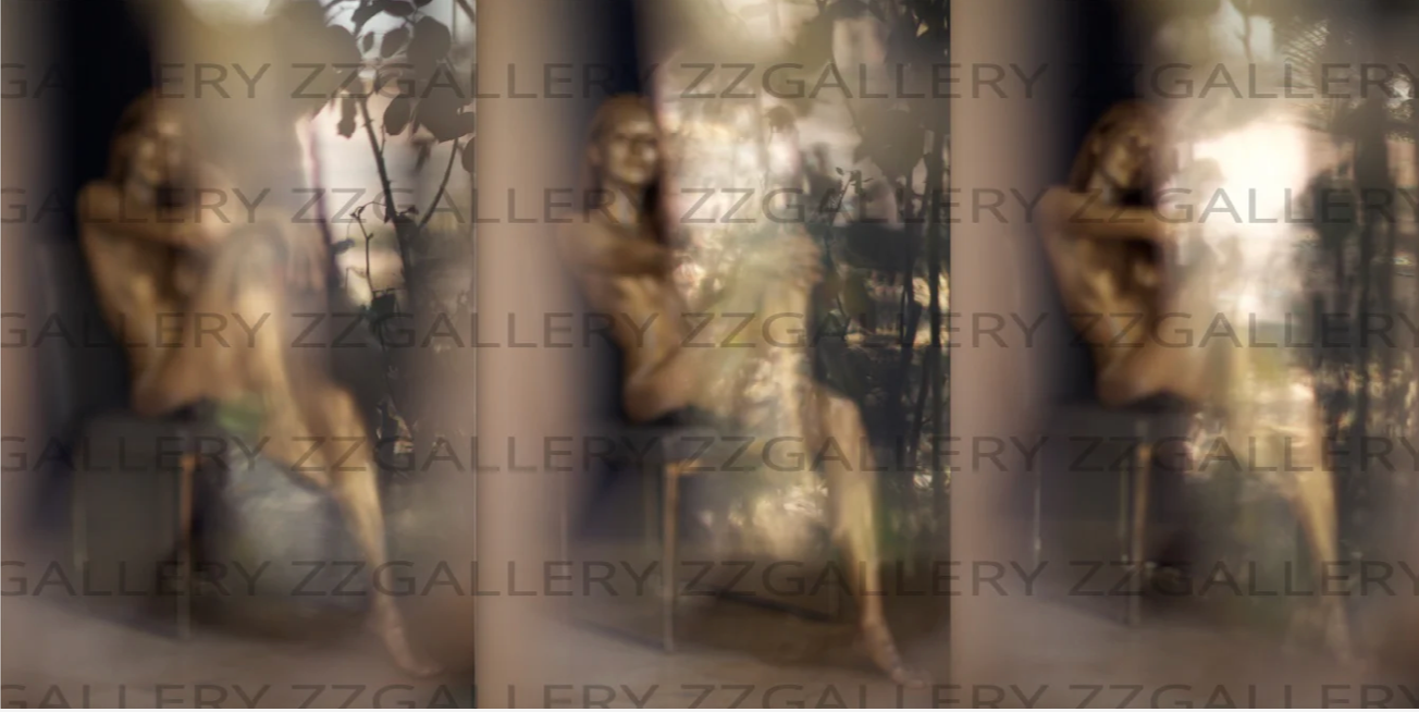 Mystical blurred golden nude triptych wall art – luxury fine art photography with ethereal reflections and spiritual aura.