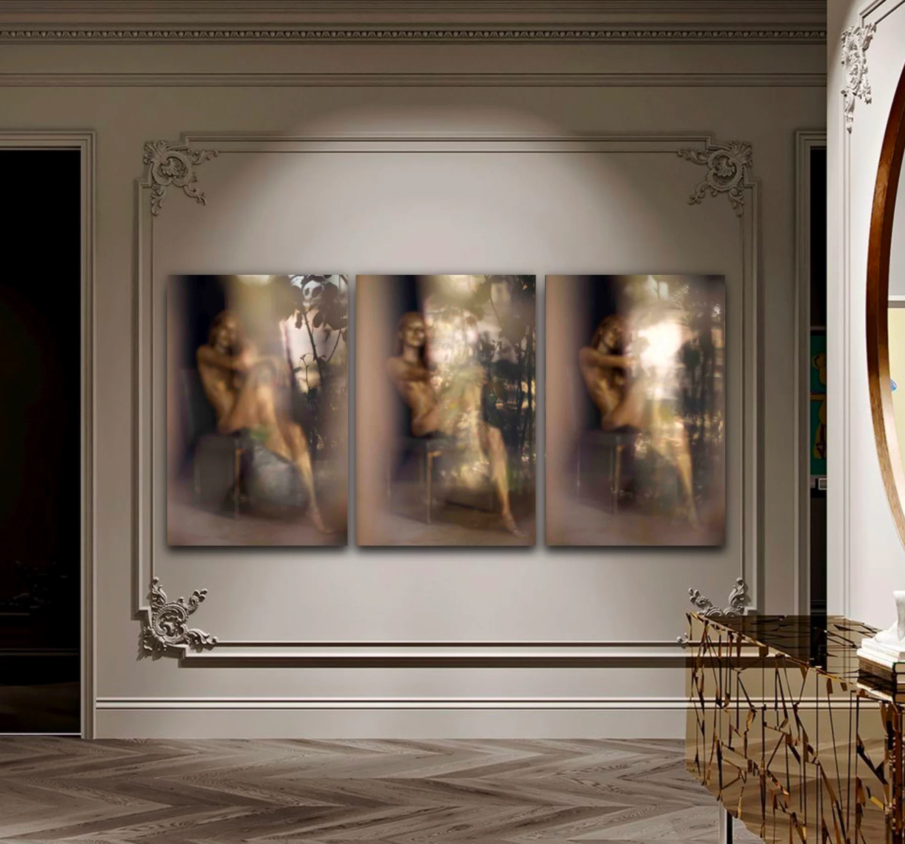 Mystical golden aura nude triptych wall art – luxury fine art photography with ethereal reflections and soft golden glow.