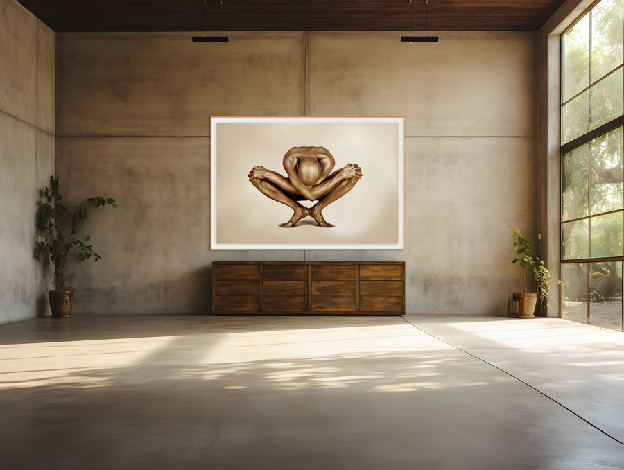 Golden yogi silhouette art in meditative pause pose – fine art wall decor by Zack Zublena, minimalist luxury artwork for wellness and interior design.