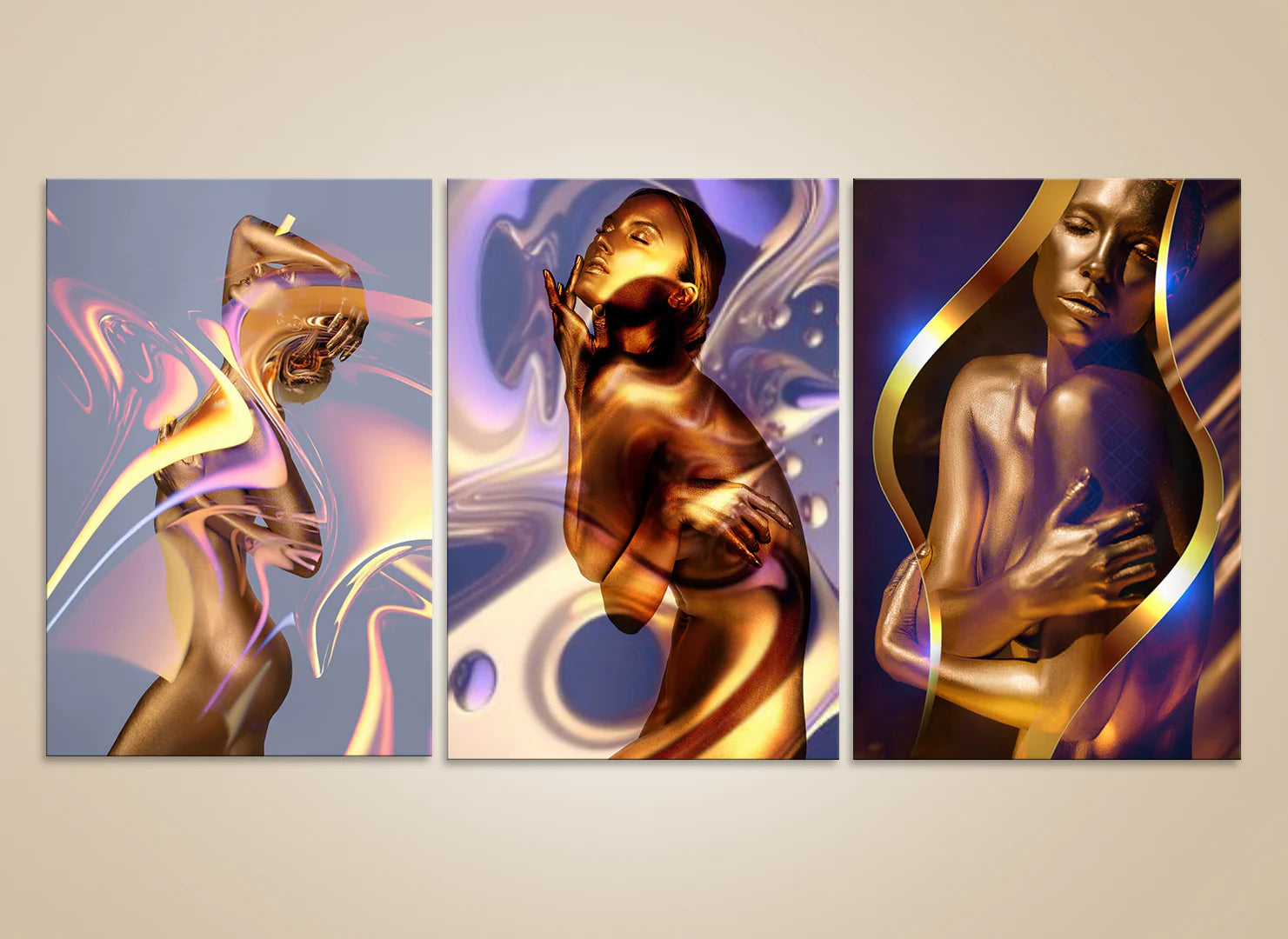Psychedelic golden nude triptych wall art – luxury abstract fine art photography with surreal textures
