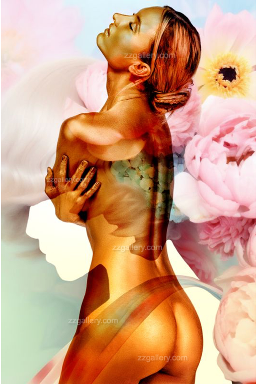 Golden nude woman fine art photography surrounded by dreamy pastel clouds and soft floral elements, luxury wall art for bedroom and contemporary interiors