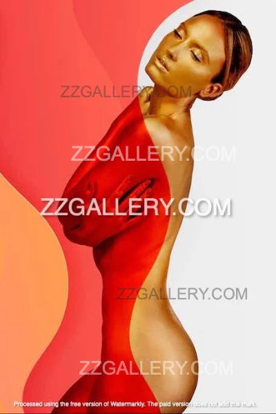 Golden nude feminine figure painted in red with abstract flowing shapes in background, representing sacred feminine energy and sensual strength

