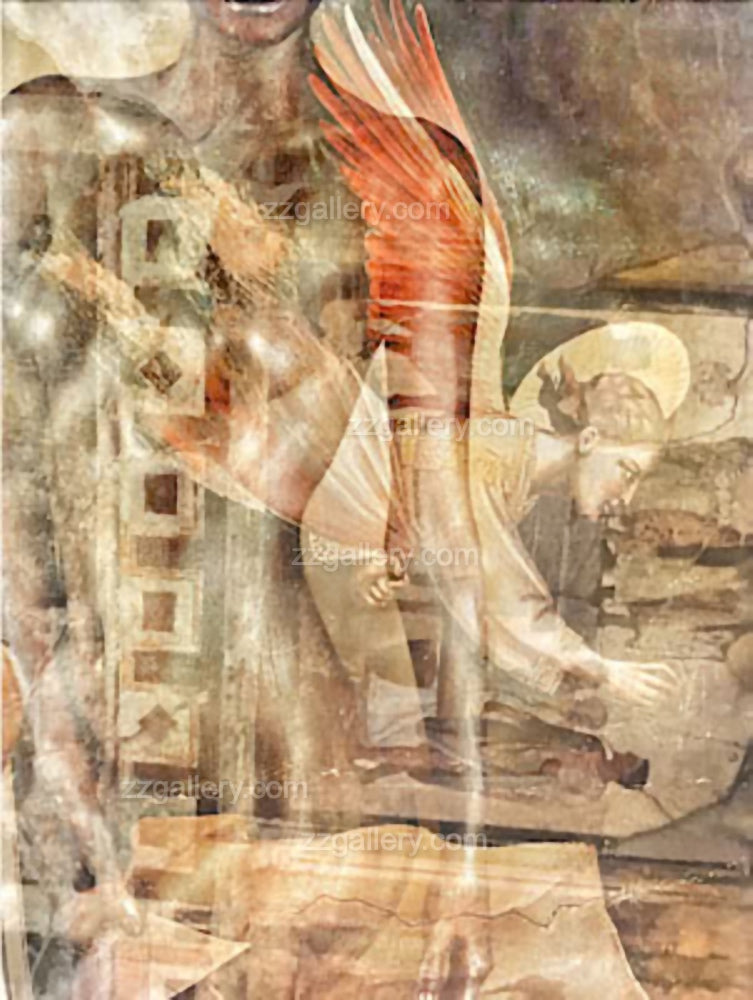 Mixed-media collage blending a golden-painted human figure with a Renaissance angel fresco and red wings – spiritual and artistic fine art composition