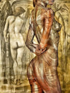 Contemporary figure merged with Renaissance sketches and fresco textures – elegant mixed media fine art composition