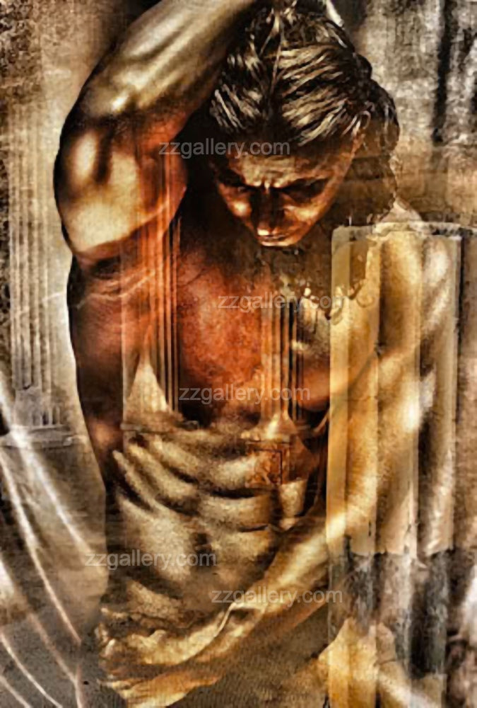 Golden-toned male-silhouette-infused with classical architecture and drapery textures – powerful mixed media fine art composition