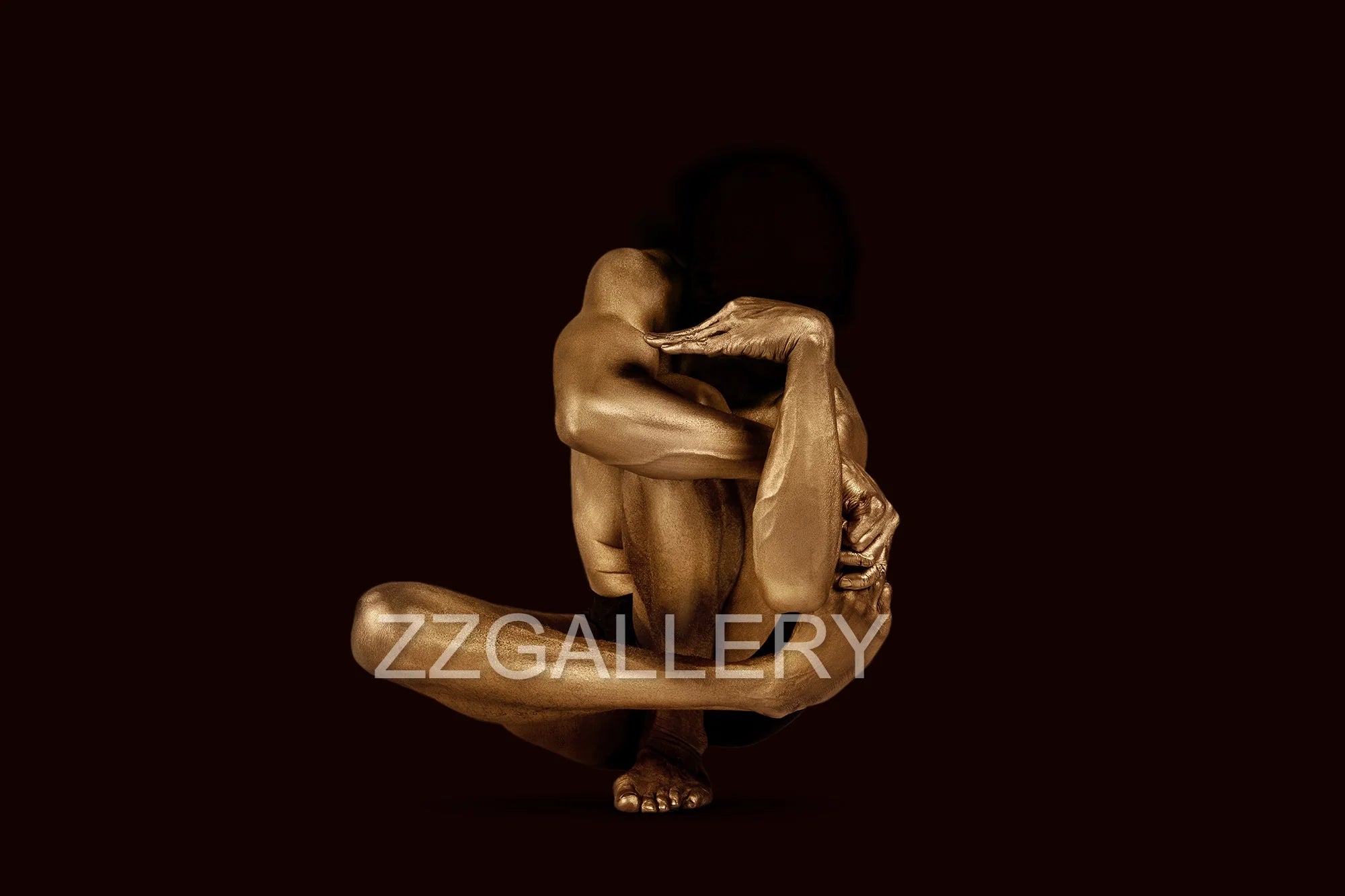 Golden sculptural yoga body in abstract inward fold – conceptual fine art photography by Zack Zublena from the Quantum Field series