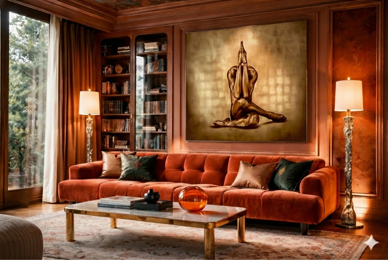 Golden-painted figure in a sculptural yoga pose with hands pressed together, seated gracefully against a warm textured background – fine art photography by Zack Zublena, ideal for wellness interiors, spas, meditation rooms, and modern luxury spaces.
