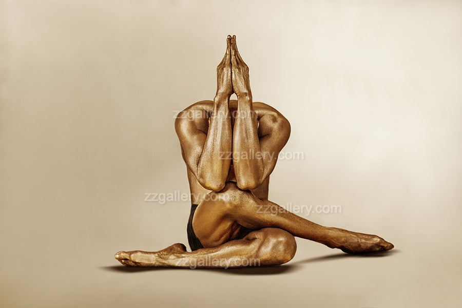 Gold-painted male body in seated prayer pose, fine art yoga wall decor for meditation, healing, or spiritual spaces
