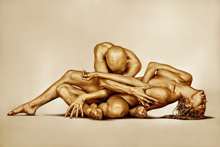 Golden Nude Couple in Sacred Surrender – Fine Art Photography for Healing Spaces Golden Nude Couple in Sacred Surrender – Couple Doré en Abandon Sacré
