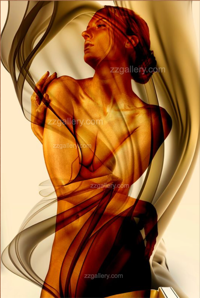 Surreal golden nude fine art photography titled Sahara Gold by Zack Zublena. A radiant feminine figure emerges through fluid smoky veils, blending sensuality and abstraction in luxurious wall decor.