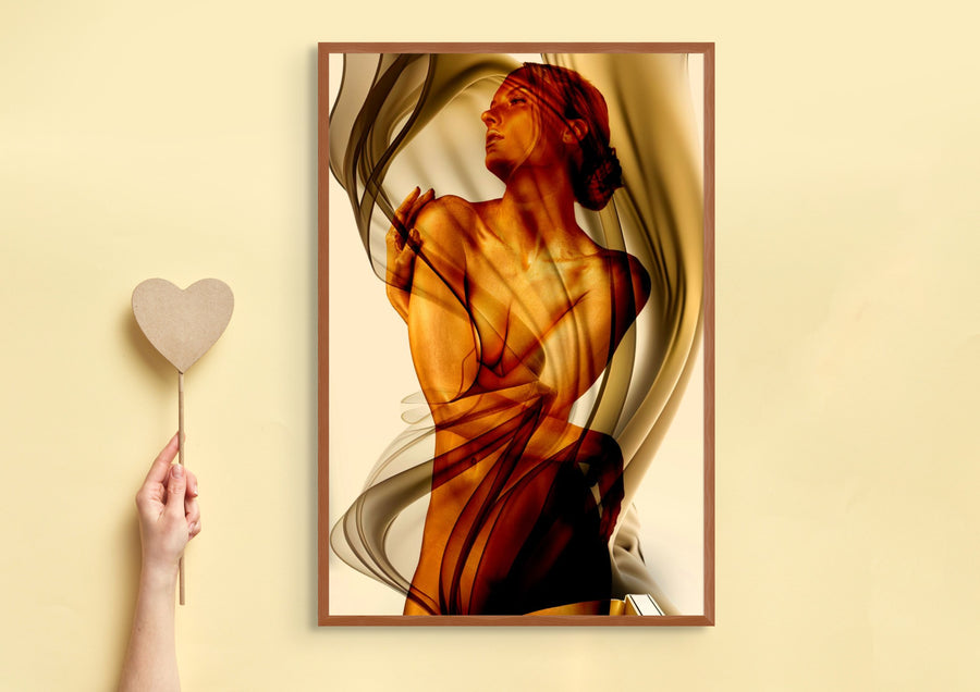 Surreal golden silhouette fine art photography titled Sahara Gold by Zack Zublena. A radiant abstract figure emerges through fluid smoky veils, blending elegance, mystery, and artistic abstraction.