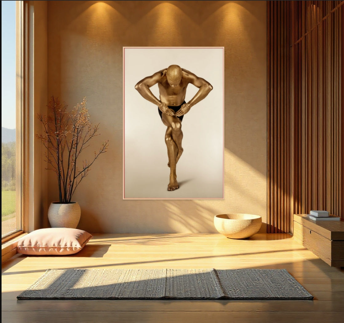 Golden-painted male figure in a deep yoga bow pose, captured as fine art photography wall decor. A striking piece symbolizing humility, power, and inner balance, perfect for luxury interiors, yoga studios, and contemporary art collections.