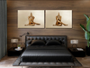 Golden male and female nude figures in seated prayer yoga pose above luxury bed – spiritual diptych art set.