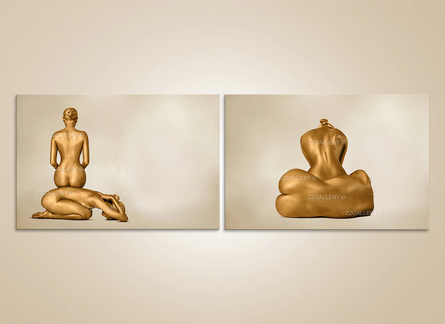 Set of 2 golden figures fine art wall prints for luxury spa, wellness decor, yoga studio, and meditation rooms by Zack Zublena.