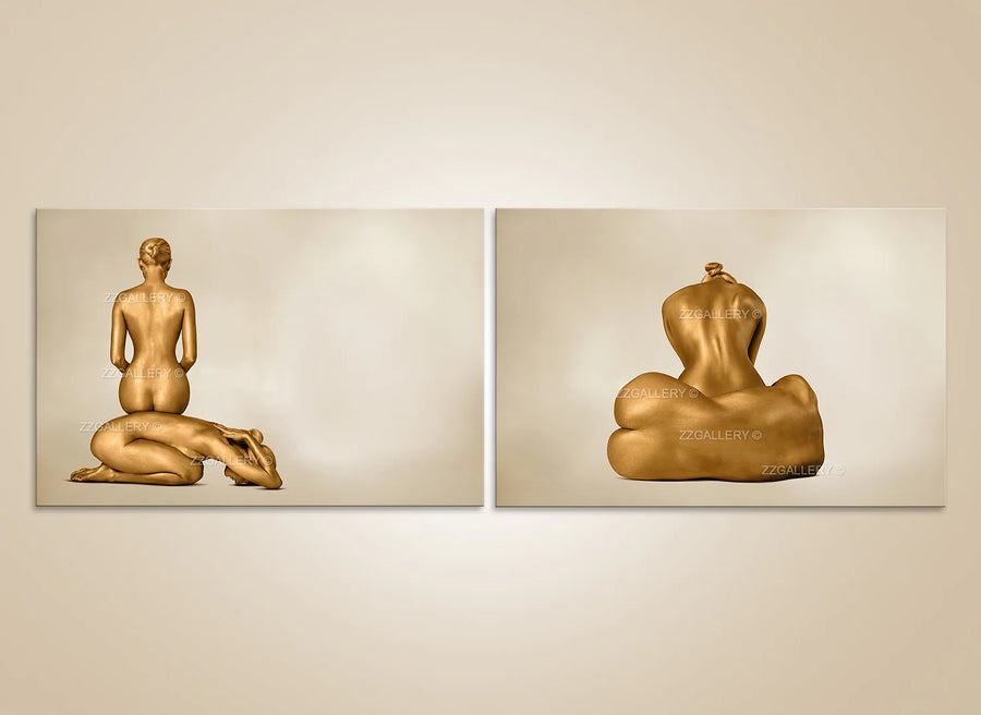 Set of 2 golden figures fine art wall prints for luxury spa, wellness decor, yoga studio, and meditation rooms by Zack Zublena.