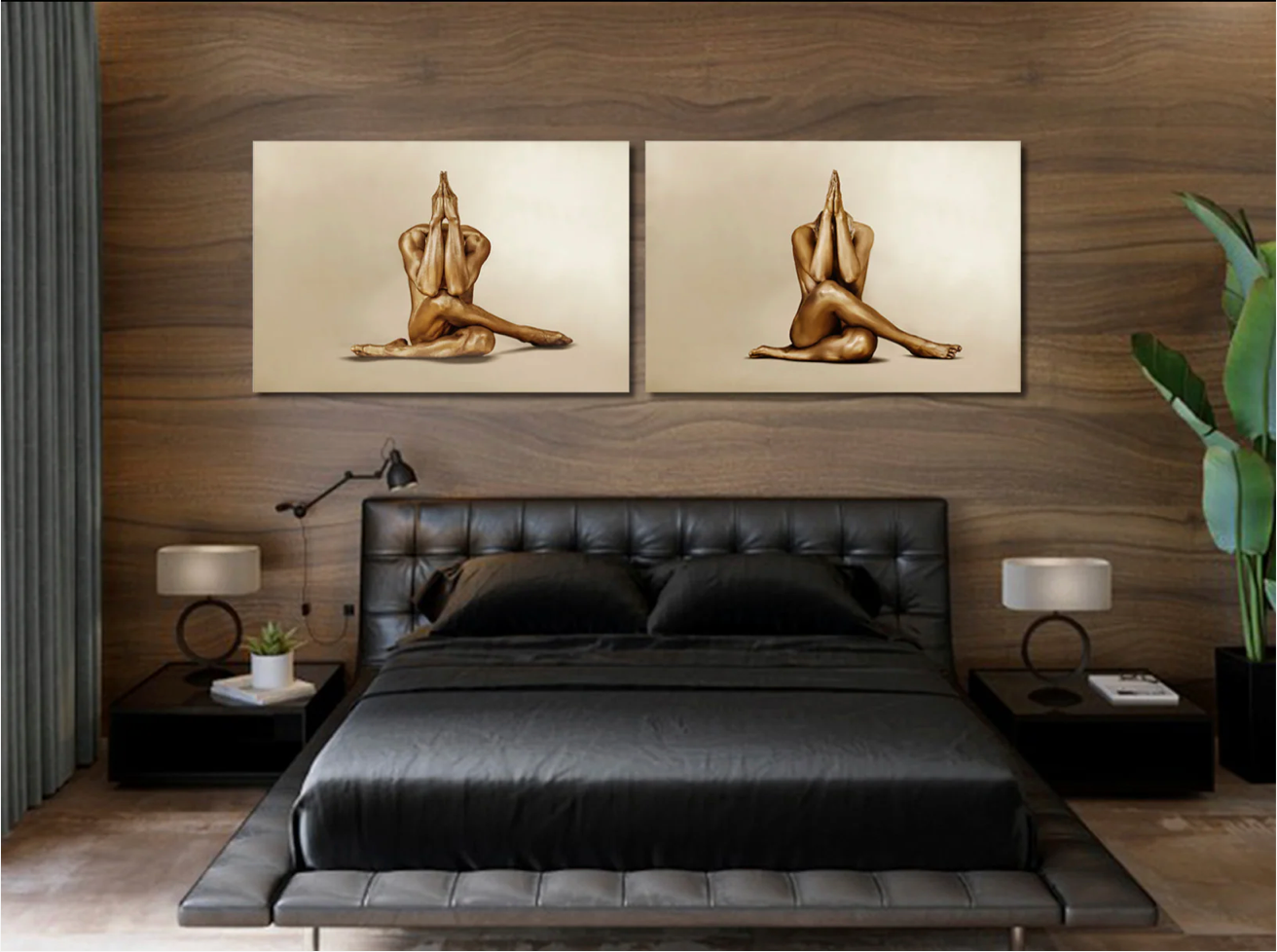 Set of 2 golden figures prayer pose wall art for luxury bedroom, spa, yoga studio, and meditation decor.