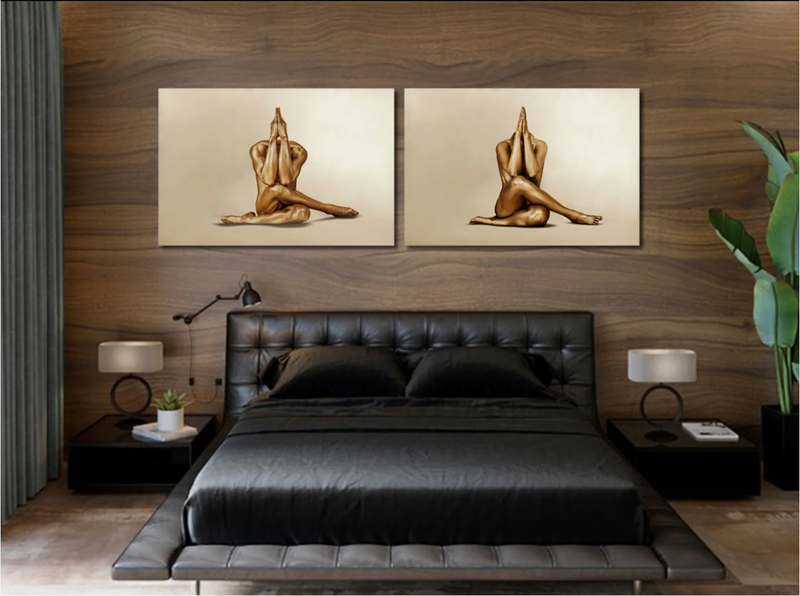 Set of 2 golden nude prayer pose diptych wall art, luxury hotel and spa interior gold fine art prints.