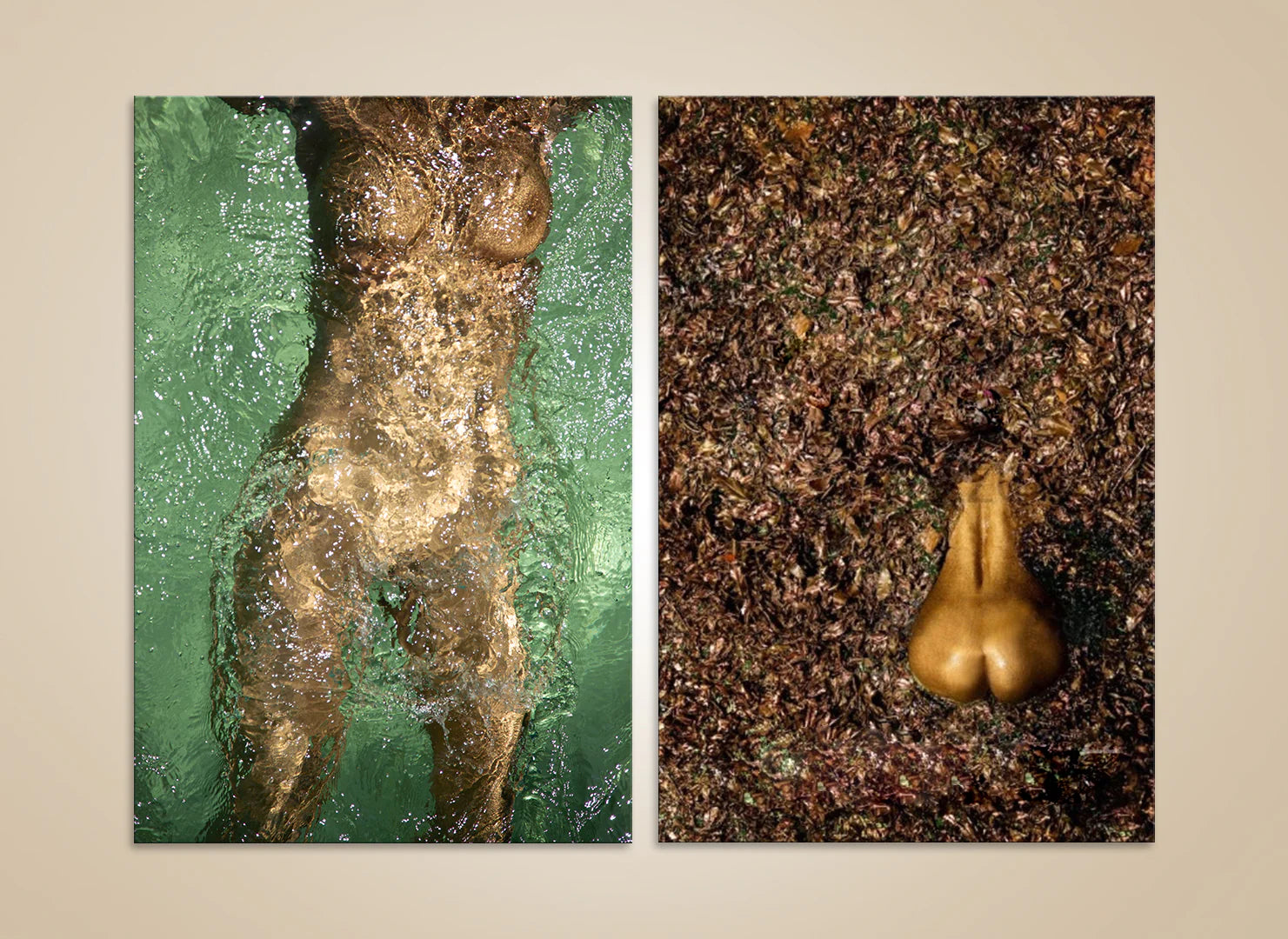 Set of 2 golden water and earth wall art prints by Zack Zublena — luxury spa, wellness, yoga, and meditation decor photography.