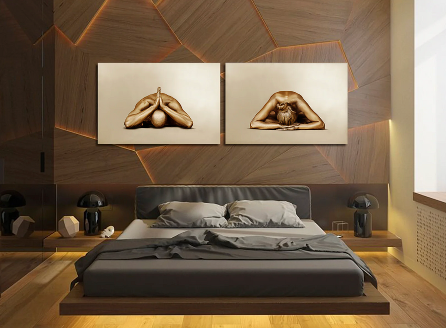 Set of two golden yoga wall art prints – figures in child pose on beige background.