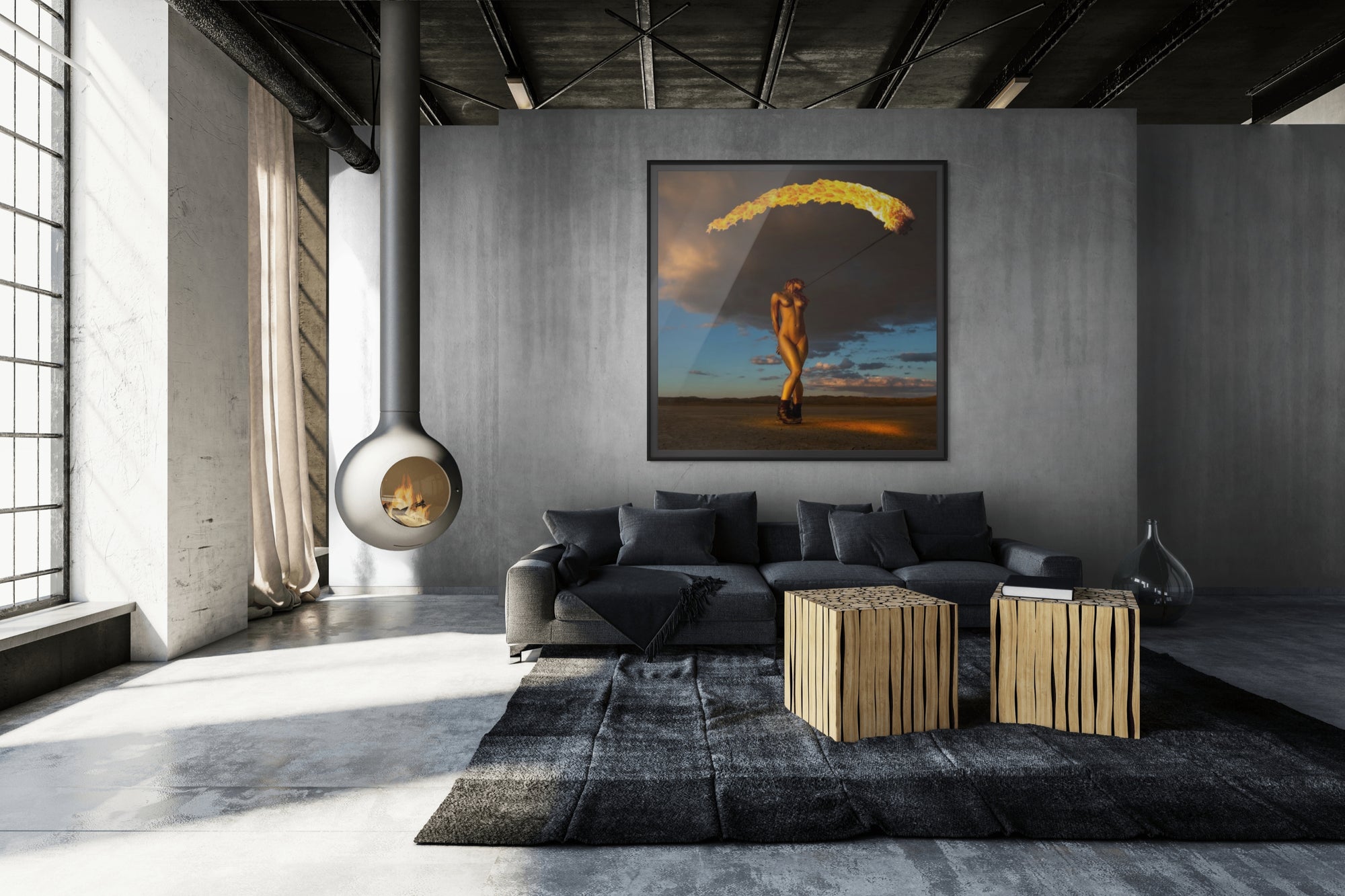 Golden-painted figure with sweeping arc of fire in desert sky – fine art photography wall art by Zack Zublena, Skyfall Flames Collection