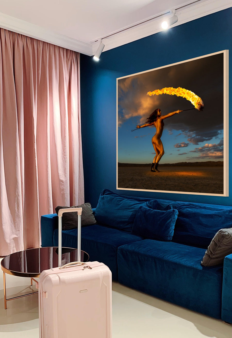 Golden-painted figure with flame across desert horizon – fine art wall art photography print by Zack Zublena from the Skyfall Flames Collection.