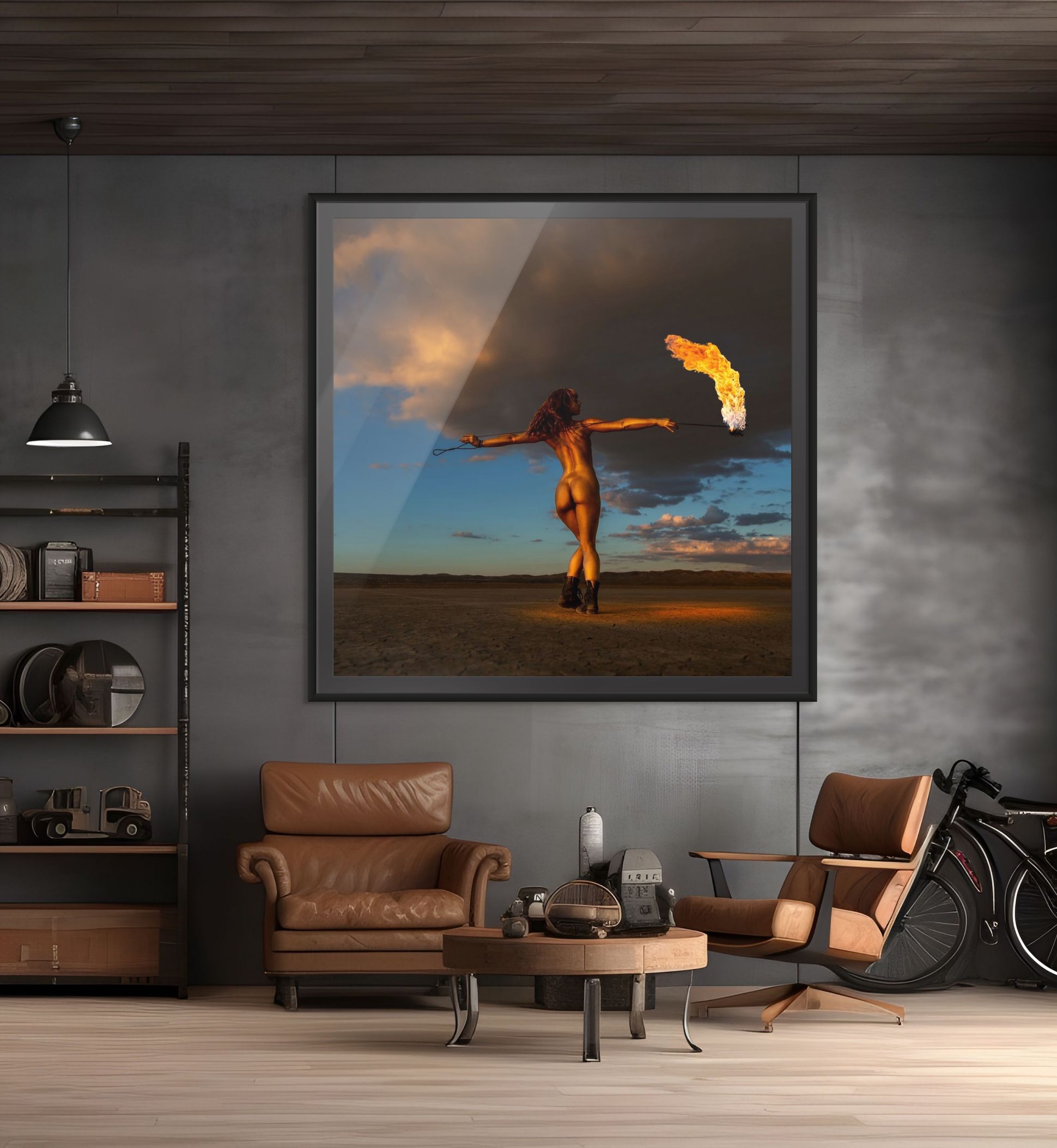 Large framed fine art photograph Skyfall Flames V – Torchbearer displayed in a modern living room, golden-painted figure with fire torch under dramatic desert sky.
