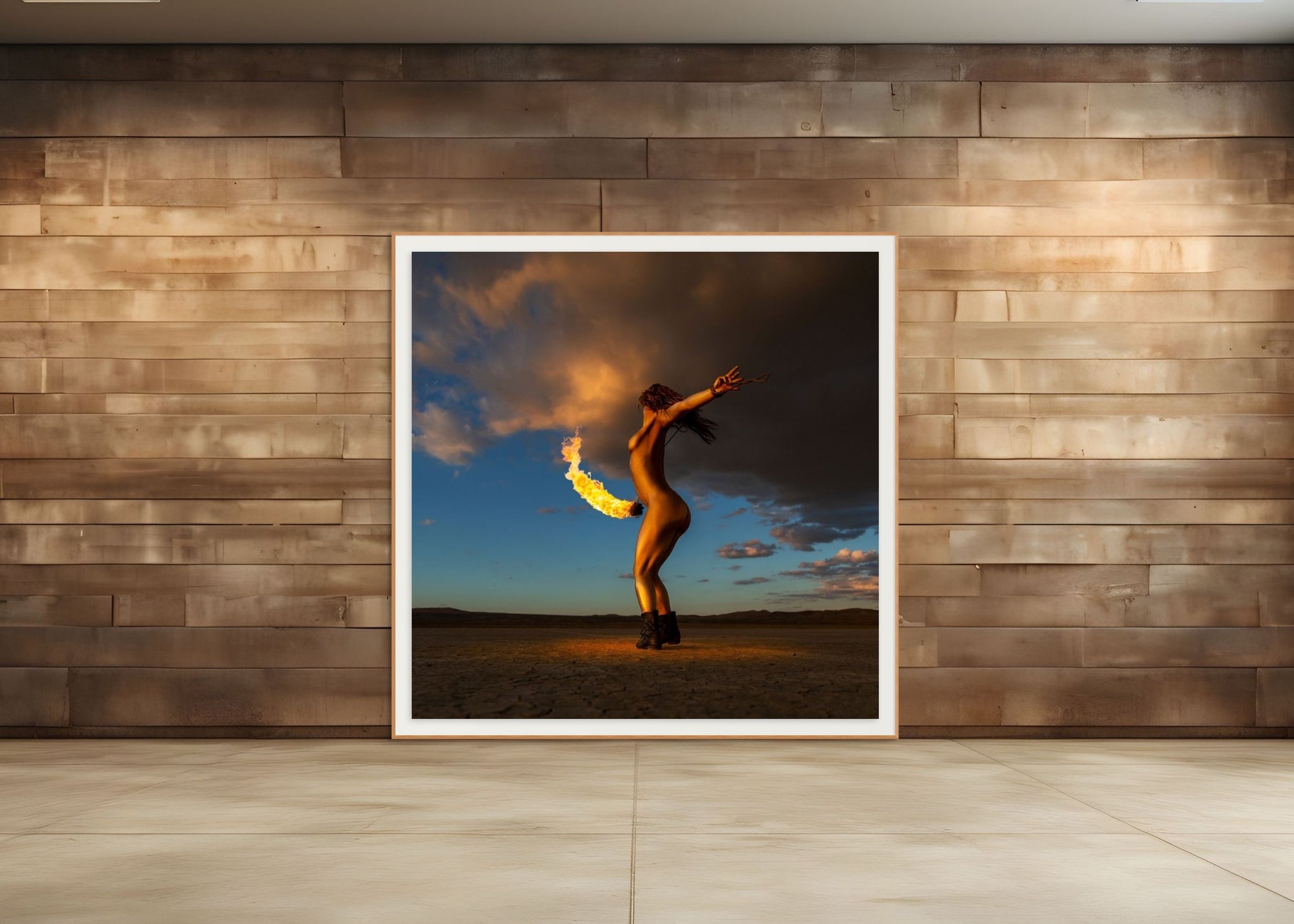 Framed fine art photograph of a gold-painted woman performing with fire in a desert at sunset, displayed on a modern wooden wall, from the Skyfall Flames VI – Phoenix Ascent series.