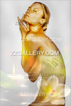 Gold female nude with white orchid and candle on soft white background — calming spa wall art by Zack Zublena