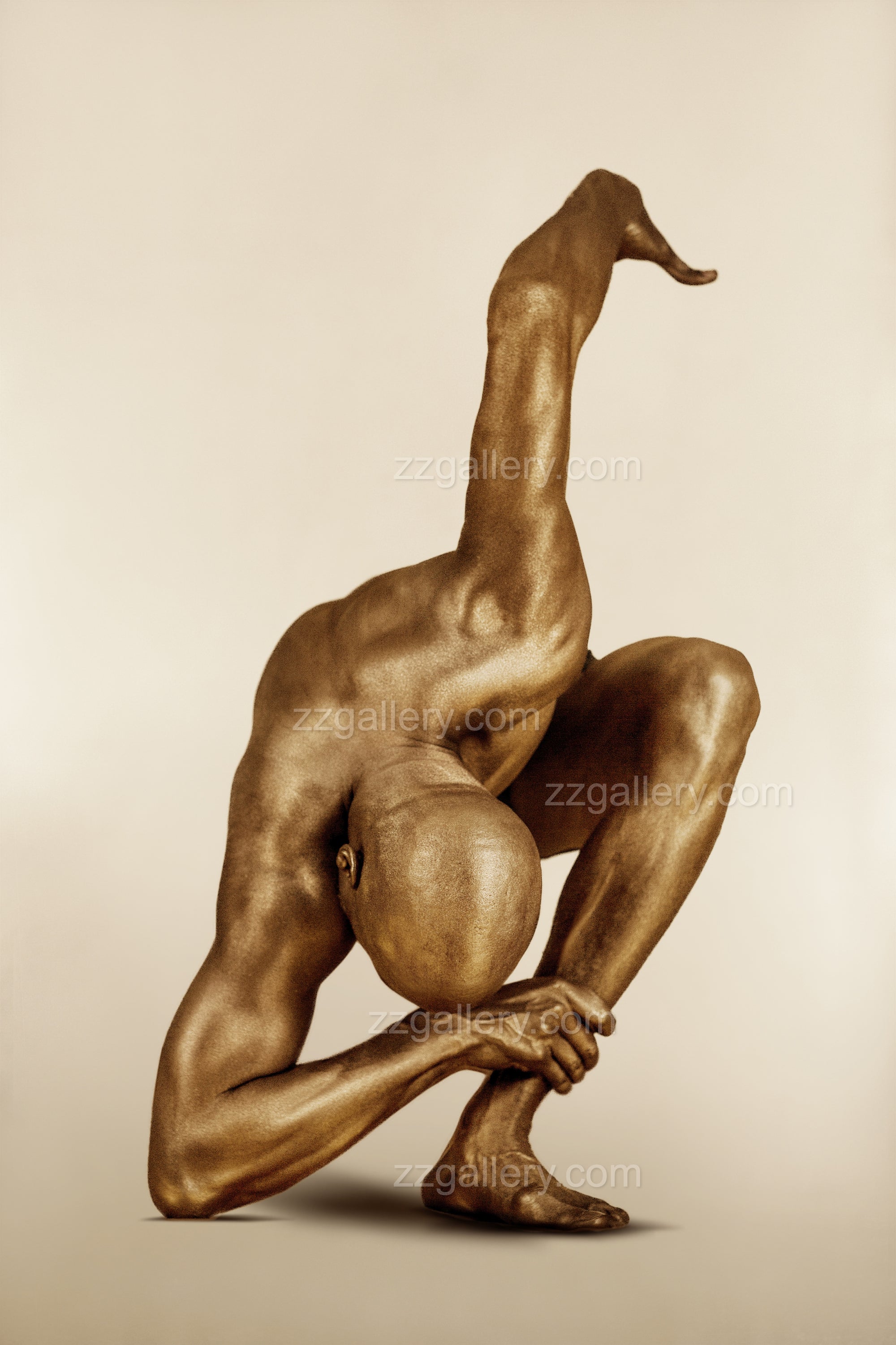 Golden figure in a powerful sculptural pose, one leg raised and arms crossed, expressing strength, balance, and unity in motion