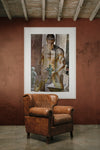 Golden male nude artwork by Zack Zublena displayed in a rustic interior, blending Renaissance statue aesthetics with fine art photography.