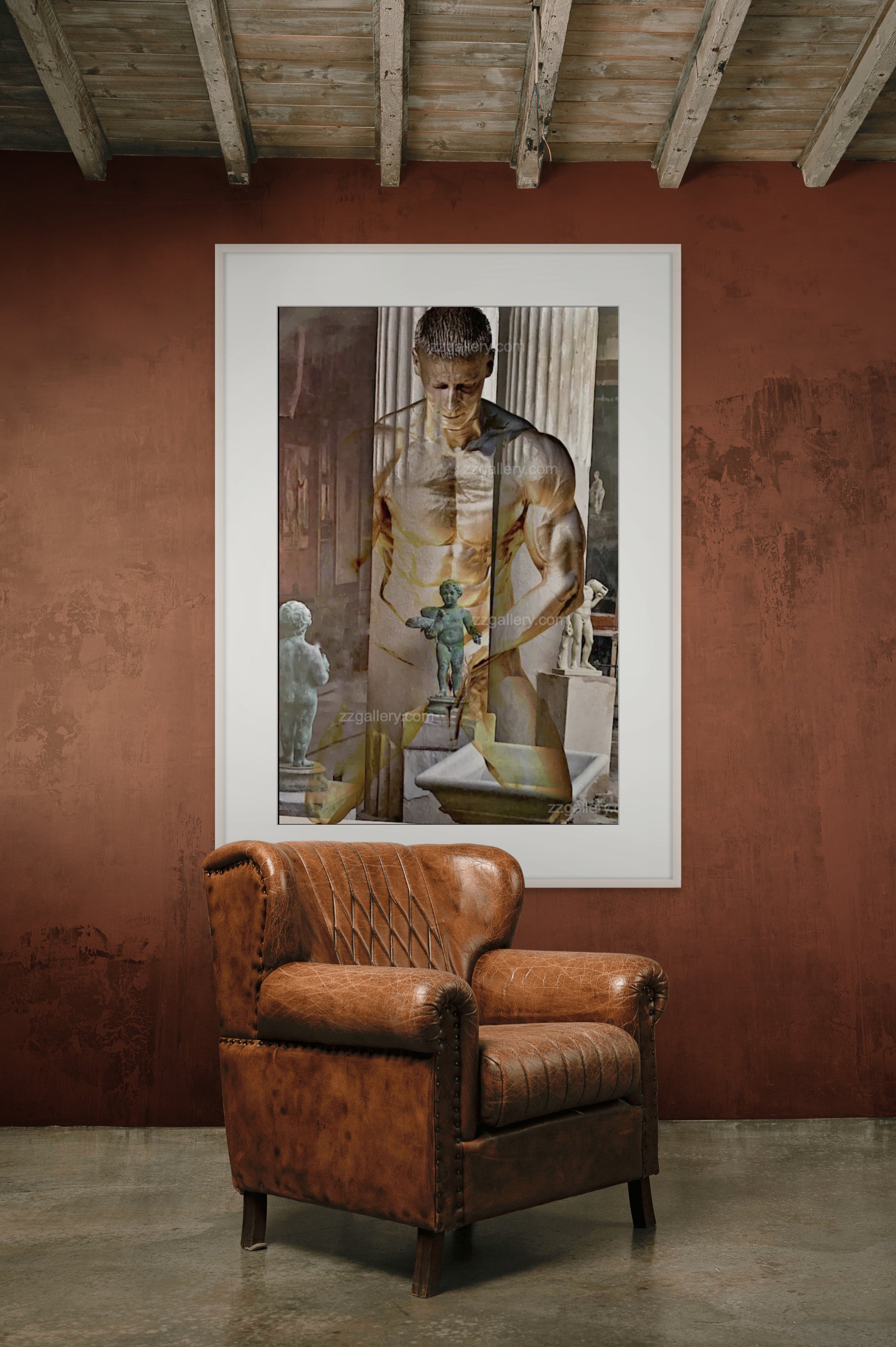 Golden statue artwork by Zack Zublena displayed in a rustic interior, blending Renaissance statue aesthetics with fine art photography.