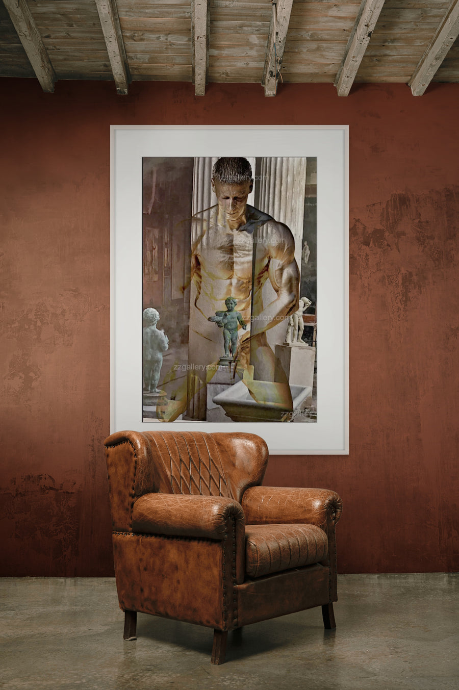 Golden statue artwork by Zack Zublena displayed in a rustic interior, blending Renaissance statue aesthetics with fine art photography.