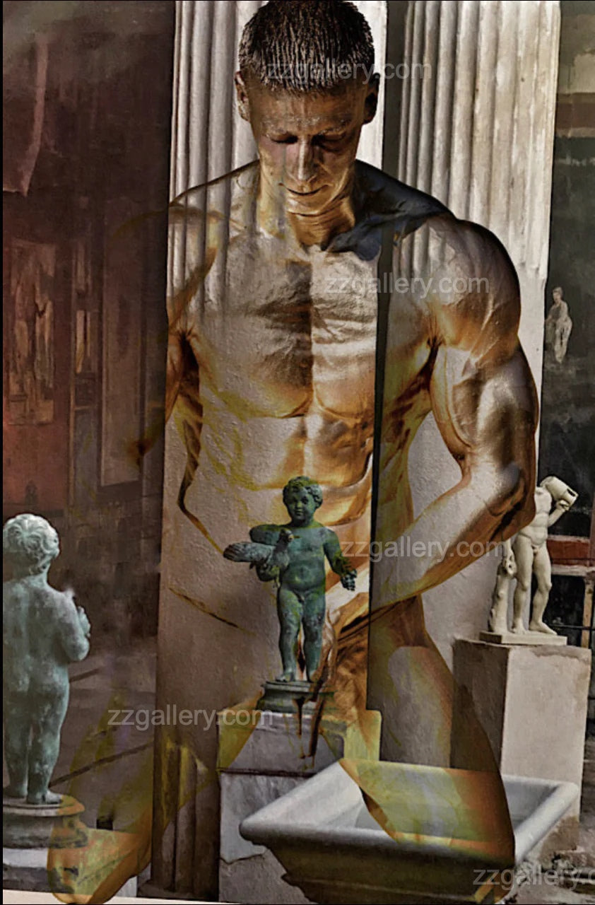 Golden-painted figure blended with classical sculptures and Renaissance architecture – symbolic mixed media fine art composition for contemporary interiors.