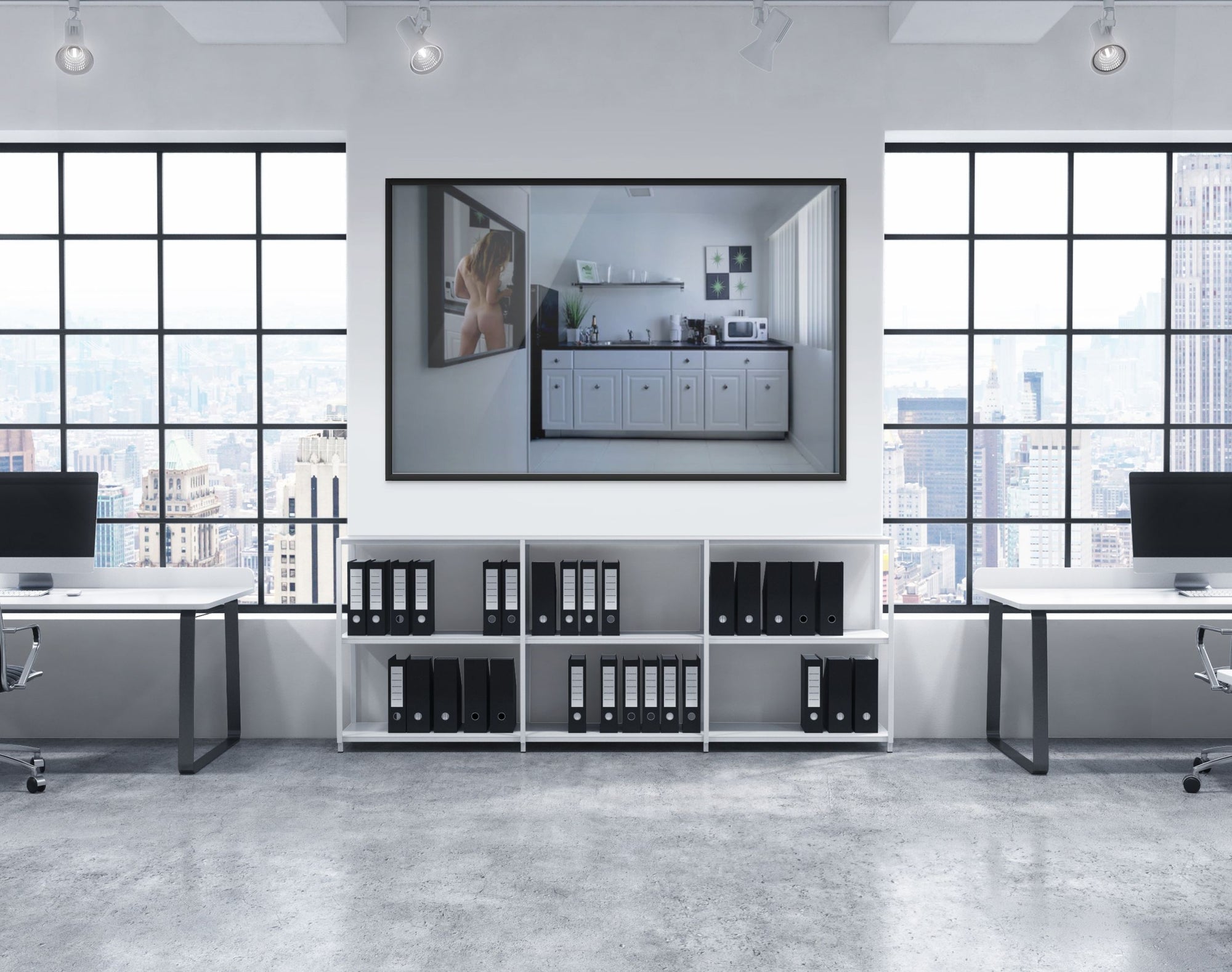 Surreal fine art photograph featuring a female reflection in a 1950s–1960s Palm Springs style kitchen, blending mid-century interiors with pop art surrealism. Ideal for collectors and contemporary wall decor.