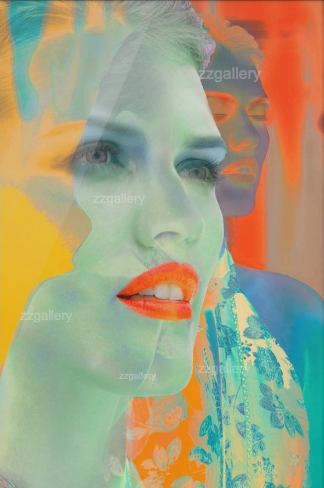 Surreal pop art style double exposure portrait of a woman in vibrant neon colors with abstract overlays, contemporary fine art photography.