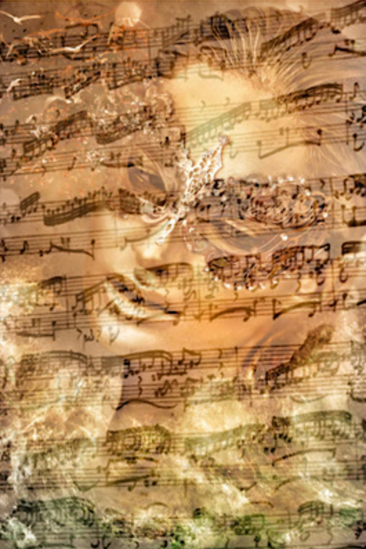 Feminine golden portrait merged with music notes – beauty, harmony, and divine elegance in fine art