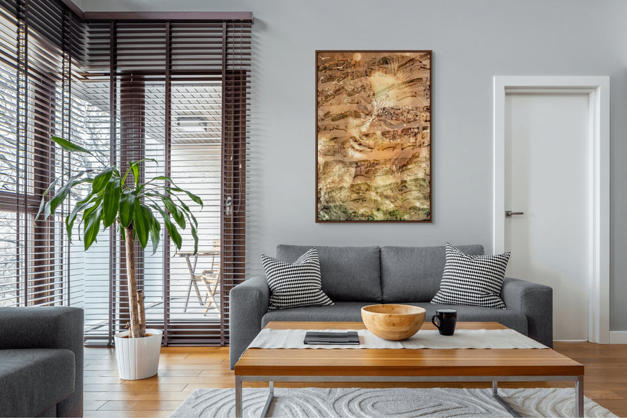 Golden fine art wall photograph of a female form blending with musical notes, symbolizing harmony, creativity, and soulful resonance by Zack Zublena