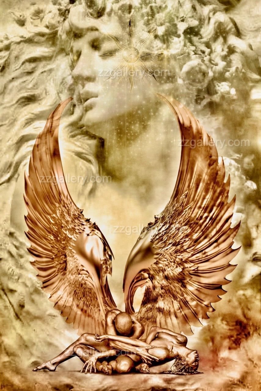 Golden angel wings embracing human forms under a celestial feminine face – spiritual masterpiece by Zack Zublena