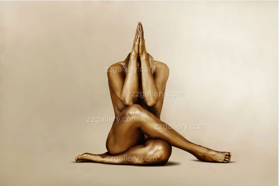 Gold-painted yoga artwork displayed in a luxury spa-style lounge with arched windows, greenery, and a natural bohemian atmosphere.