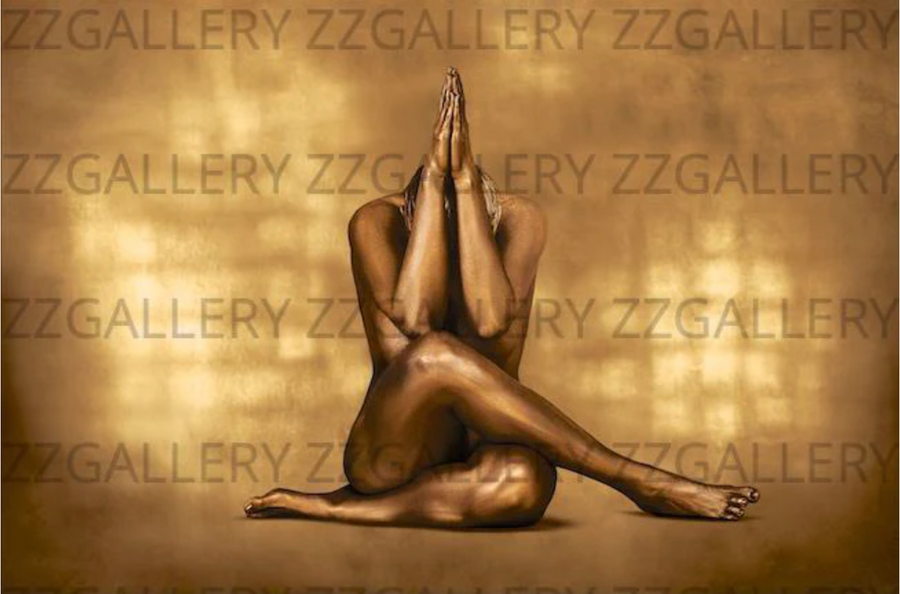 Golden fine art photograph of a woman in prayer pose, titled “The Worshipper (Feminine)” by Zack Zublena, Catholic-inspired devotional art